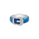 Silver 925 Rhodium Plated Blue Enamel CZ Belt Buckle Ring - STR00614