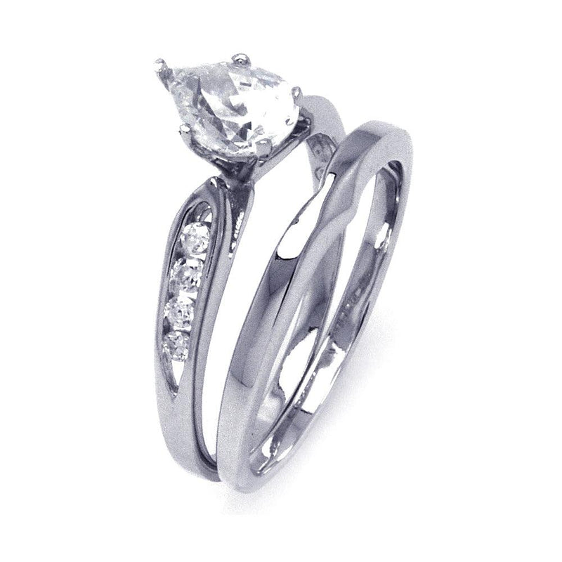 Silver 925 Rhodium Plated Clear Teardrop CZ Bridal Ring Set - STR00843 | Silver Palace Inc.
