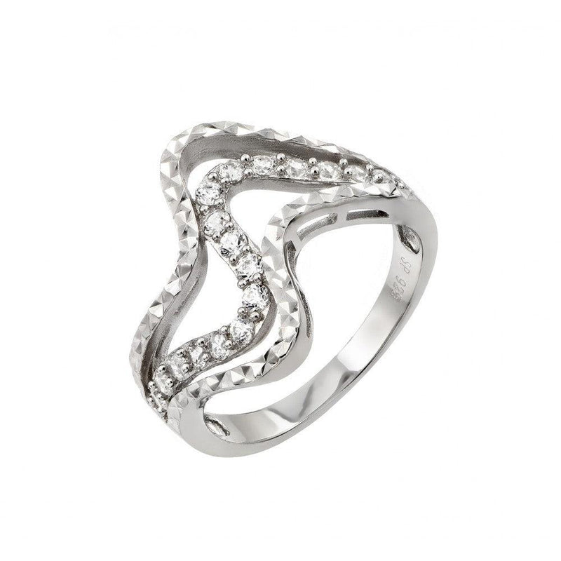 Silver 925 Rhodium Plated Clear CZ Inlay Wave Ring - STR00965 | Silver Palace Inc.