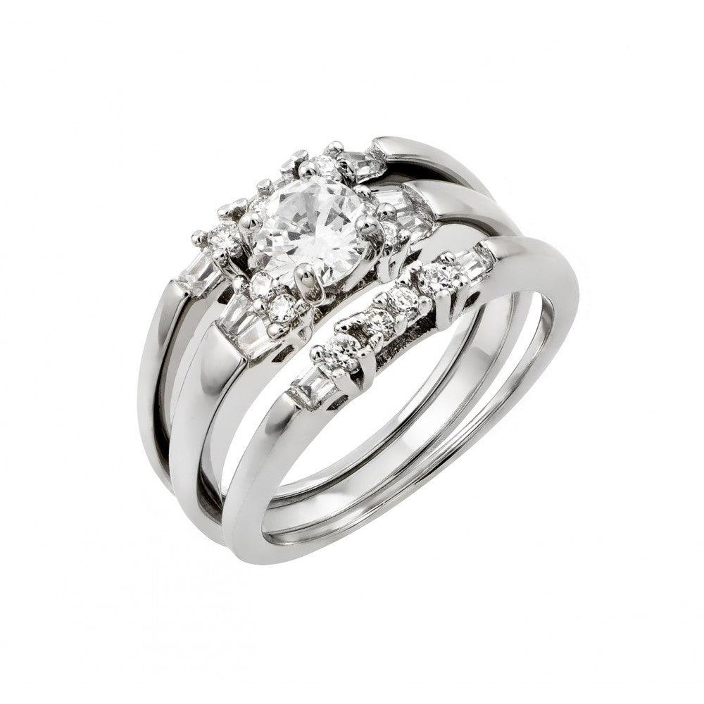 Silver 925 Rhodium Plated Clear Round CZ Inlay Bridal Engagement Ring Pair Set - STR00975 | Silver Palace Inc.