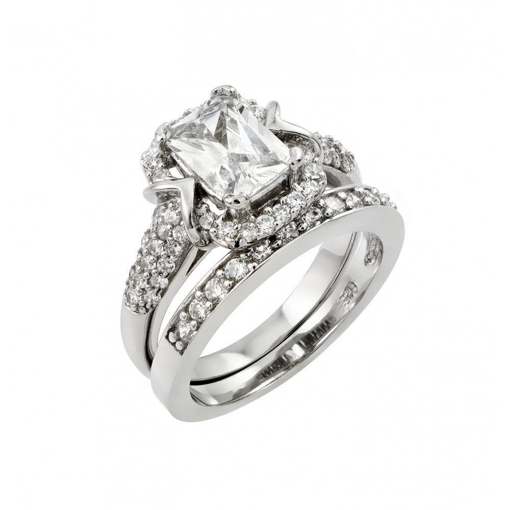 Silver 925 Rhodium Plated Clear Pave Square CZ Engagement Ring Pair Set - STR00982 | Silver Palace Inc.