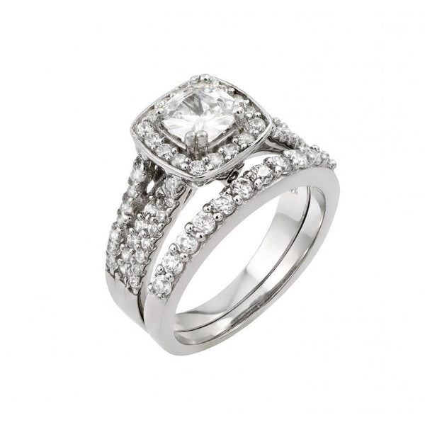 Silver 925 Rhodium Plated Clear Cluster Square CZ Engagement Ring Pair Set - STR00983 | Silver Palace Inc.