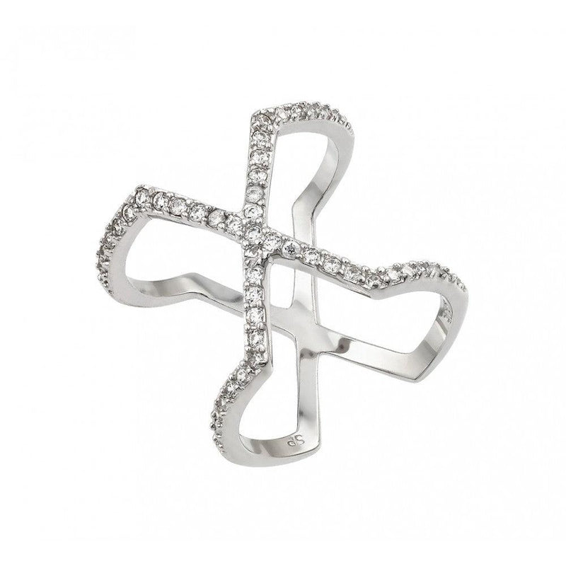 Silver 925 Rhodium Plated Cross X Clear CZ Ring - STR01007 | Silver Palace Inc.