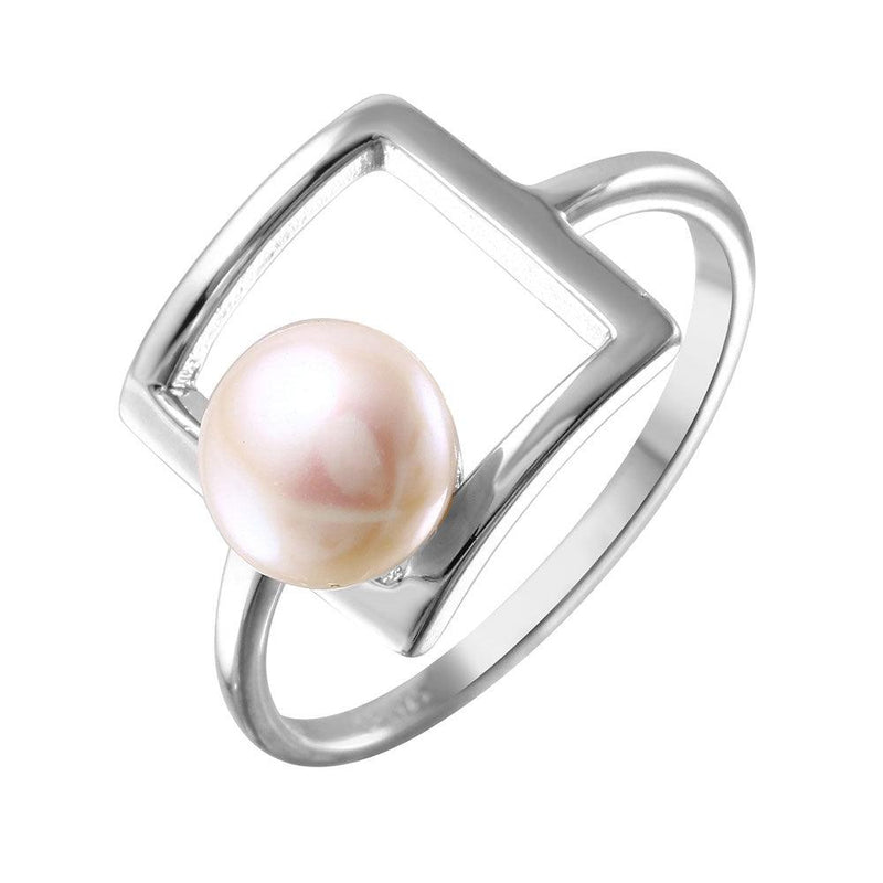 Silver 925 Rhodium Plated Open Square Synthetic Pearl Ring - STR01038 | Silver Palace Inc.