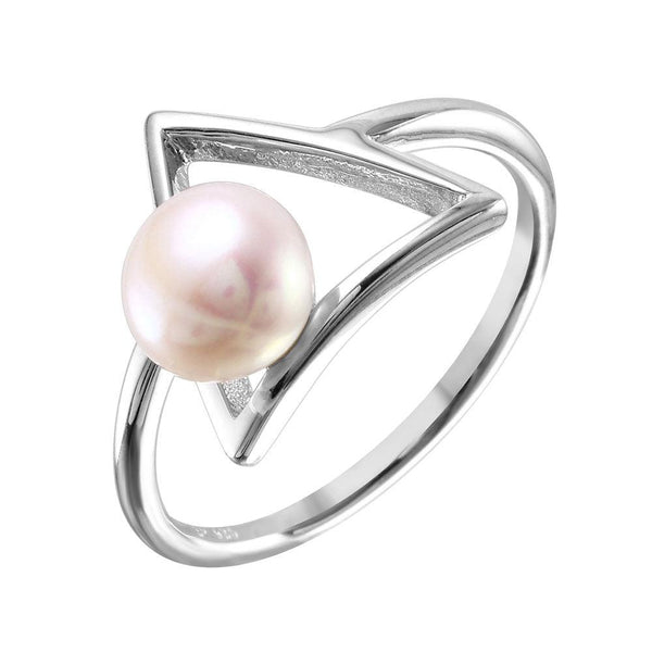 Silver 925 Rhodium Plated Open Triangle Fresh Water Pearl Ring - STR01039 | Silver Palace Inc.