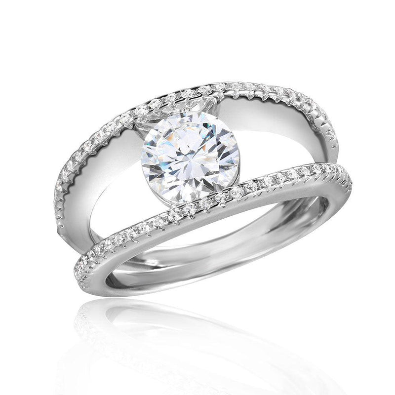 Silver 925 Rhodium 2 Row CZ Band with A 7mm Center Stone Ring - STR01046 | Silver Palace Inc.