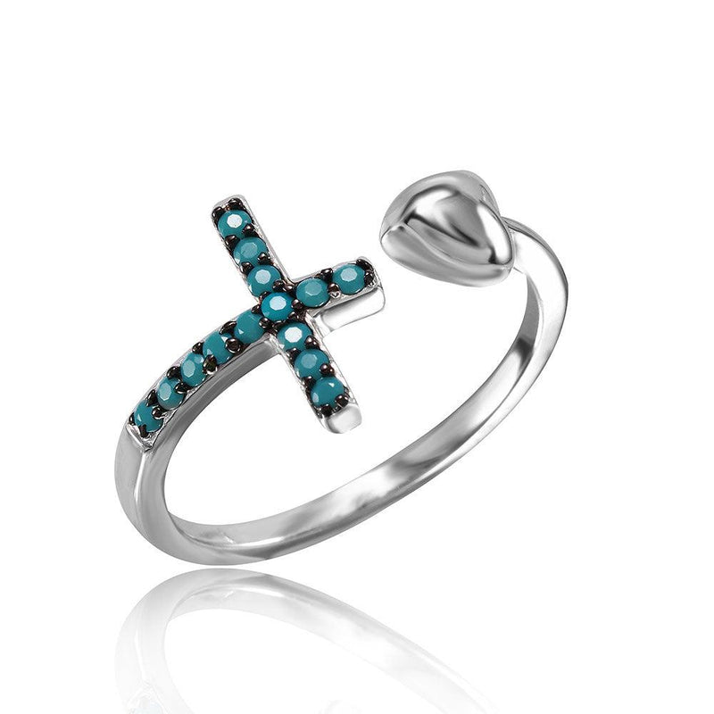 Silver 925 Rhodium Plated Cross And Heart Ring with Synthetic Turquoise Stones - STR01053 | Silver Palace Inc.