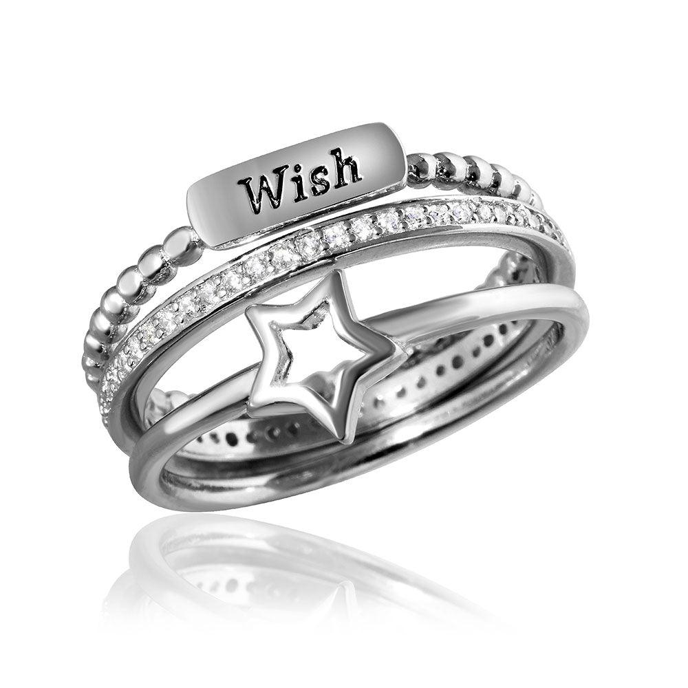 Silver 925 Rhodium Plated Triple Band Wish Star Wedding Ring with