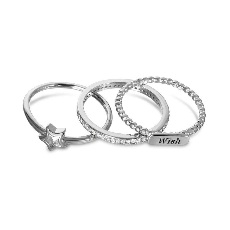 Silver 925 Rhodium Plated Triple Band Wish Star Wedding Ring with CZ - STR01061