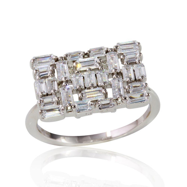 Silver 925 Rhodium Plated Rectangle Shape Ring with Rectangle CZ - STR01069 | Silver Palace Inc.