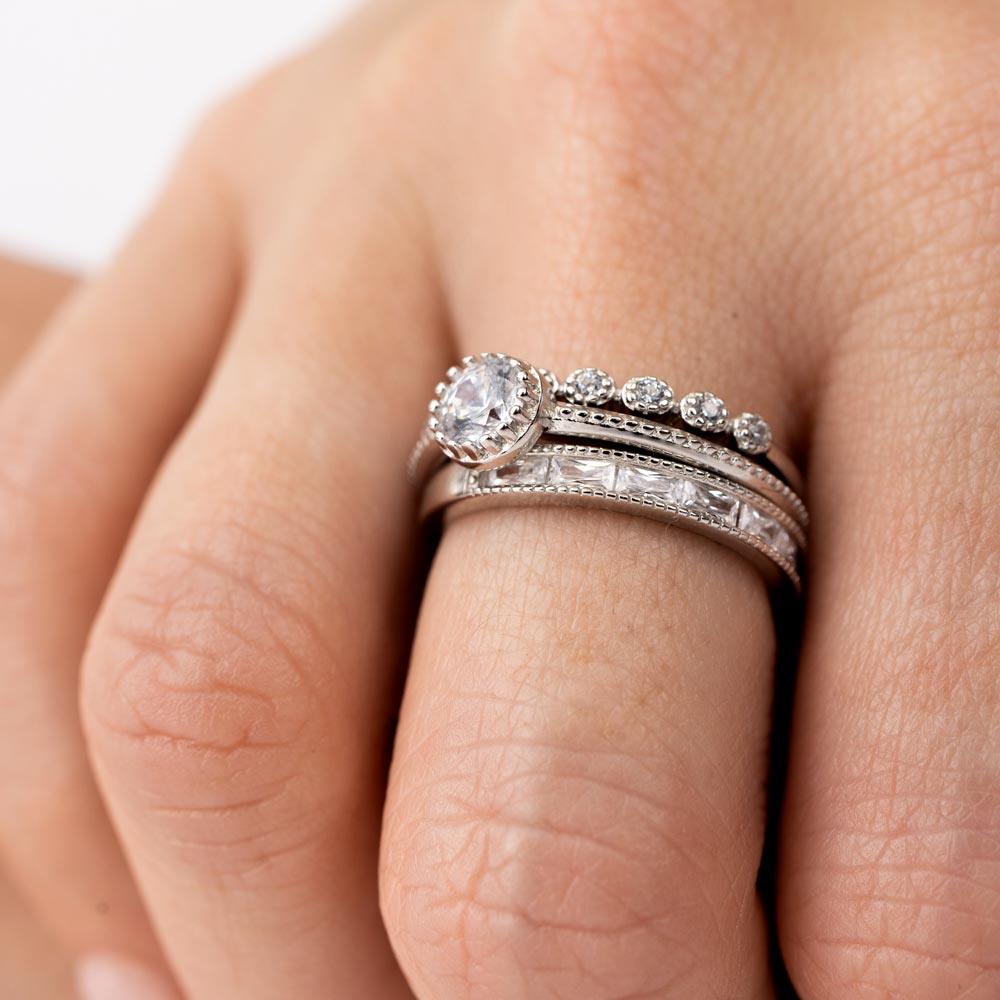 Rhodium Plated 925 Sterling Silver Channel Center CZ Stackable Ring Set - STR01125