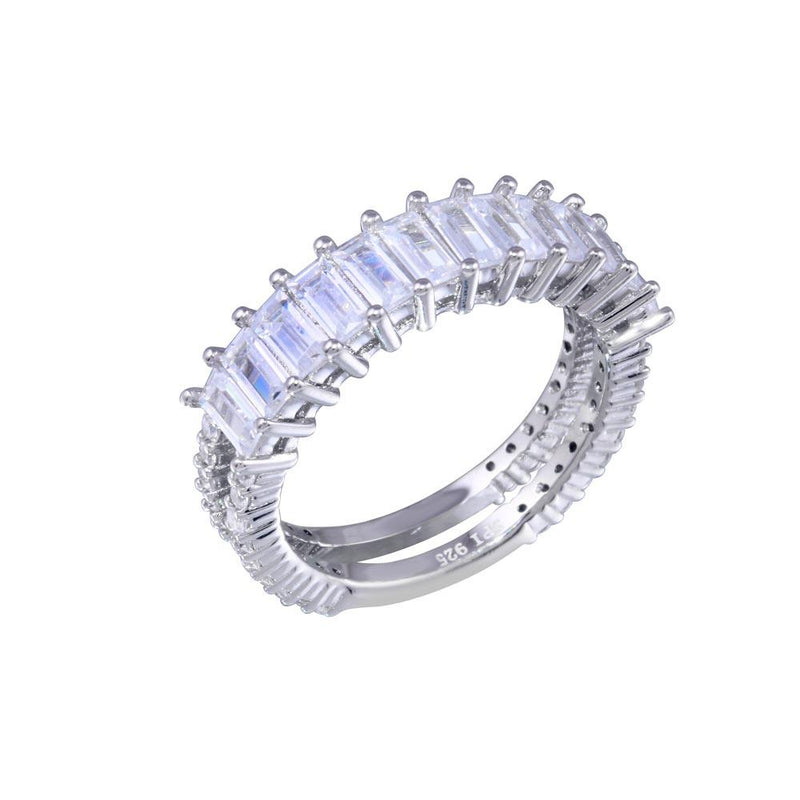 Baguette de dos barras chapada en rodio de plata 925 con anillo de circonita transparente - STR01146