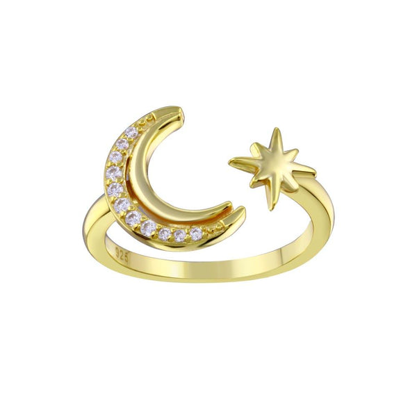 Silver 925 Gold Plated Cresent Moon and Star CZ Ring - STR01137GP | Silver Palace Inc.