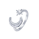 Rhodium Plated 925 Sterling Silver Cresent Moon and Star CZ Ring - STR01137RH