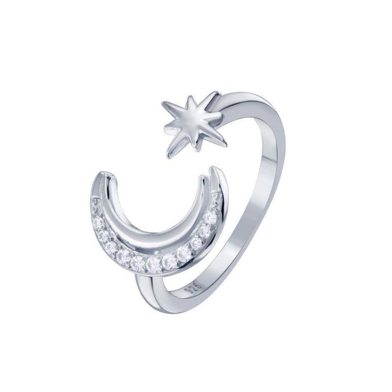 Rhodium Plated 925 Sterling Silver Cresent Moon and Star CZ Ring - STR01137RH