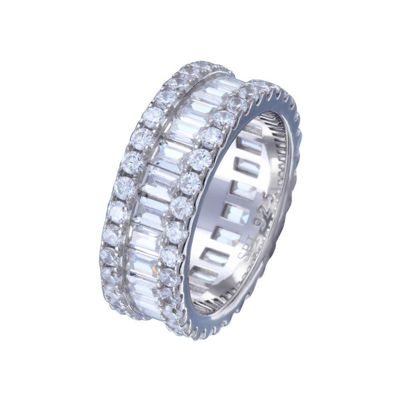 Rhodium Plated 925 Sterling Silver CZ Baquette Band with Border Ring  - STR01144