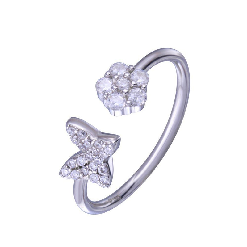 Silver 925 Rhodium Plated Butterfly Flower with Clear CZ Ring - STR01147 | Silver Palace Inc.