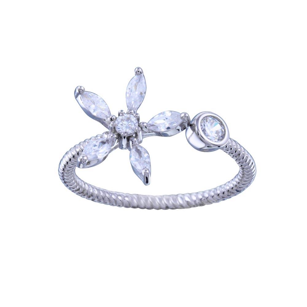 Rhodium Plated 925 Sterling Silver CZ  Flower Open Ring - STR01151 | Silver Palace Inc.