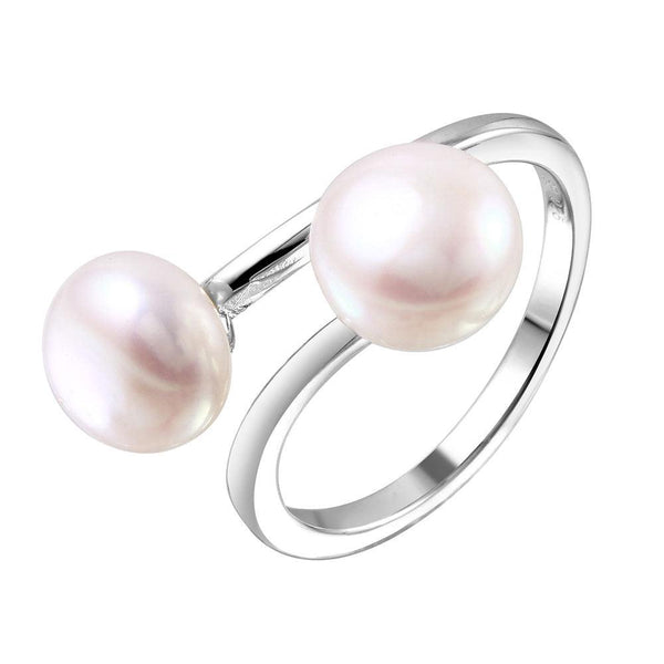 Silver 925 Rhodium Plated Open Double Fresh Water Pearl Ring - STR01044 | Silver Palace Inc.