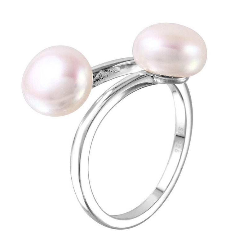 Silver 925 Rhodium Plated Open Double Fresh Water Pearl Ring - STR01044