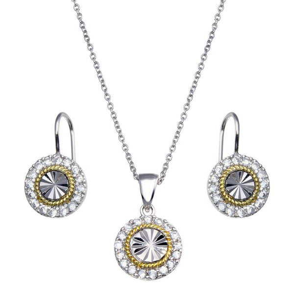 Closeout-Silver 925 Gold and Rhodium Plated Round CZ Stud Earring and Necklace Set - STS00095 | Silver Palace Inc.