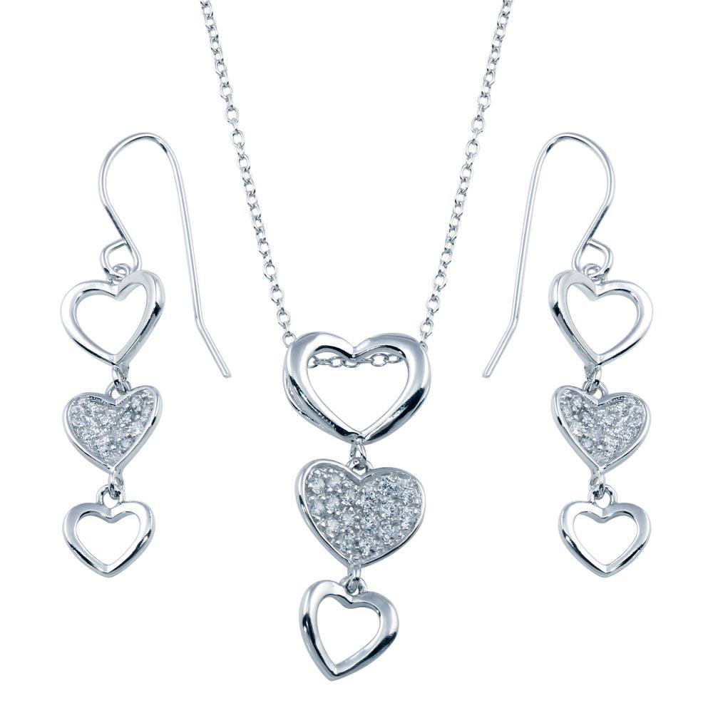 Rhodium Plated 925 Sterling Silver Multiple Graduated Open and Closed Heart CZ Hook Earring and Necklace Set - STS00103 | Silver Palace Inc.