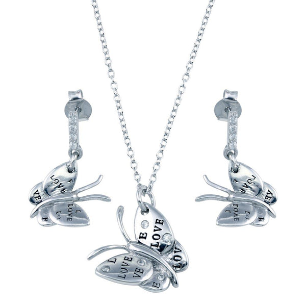 Silver 925 Rhodium Plated Butterfly CZ Dangling Earring and Necklace Set - STS00162 | Silver Palace Inc.