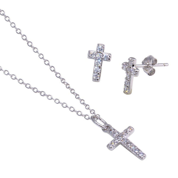 Silver 925 Rhodium Plated Cross CZ Stud Earring and Necklace Set - STS00169 | Silver Palace Inc.