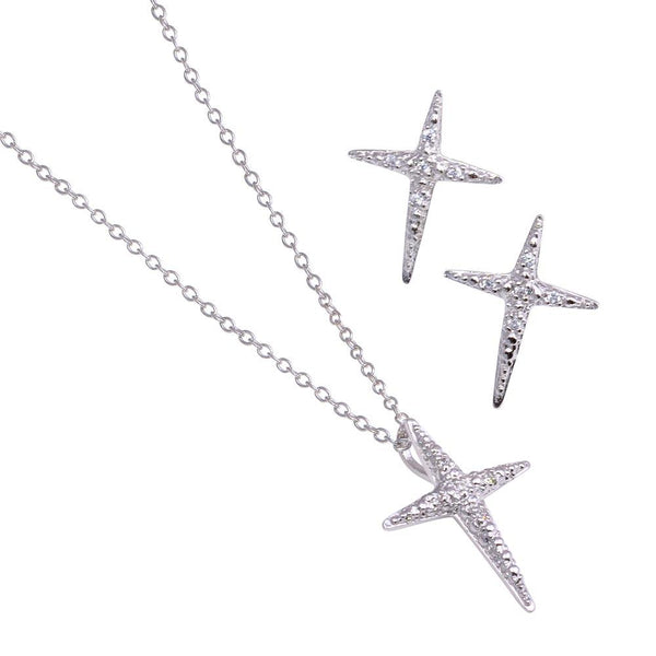 Silver 925 Rhodium Plated Sharp Cross Star CZ Stud Earring and Necklace Set - STS00199 | Silver Palace Inc.