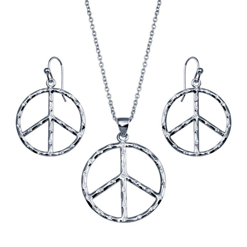 Closeout-Silver 925 Rhodium Plated Open Peace Sign CZ Dangling Hook Earring and Necklace Set - STS00219 | Silver Palace Inc.