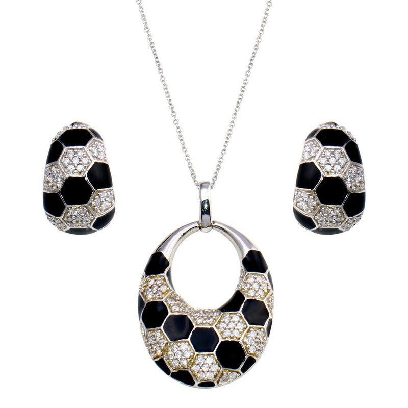 Closeout-Silver 925 Rhodium Plated Open Circle Checkered CZ Crescent Earring and Necklace Set - STS00224 | Silver Palace Inc.