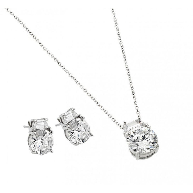 Silver 925 Rhodium Plated Round CZ Stud Earring and Necklace Set - STS00256 | Silver Palace Inc.