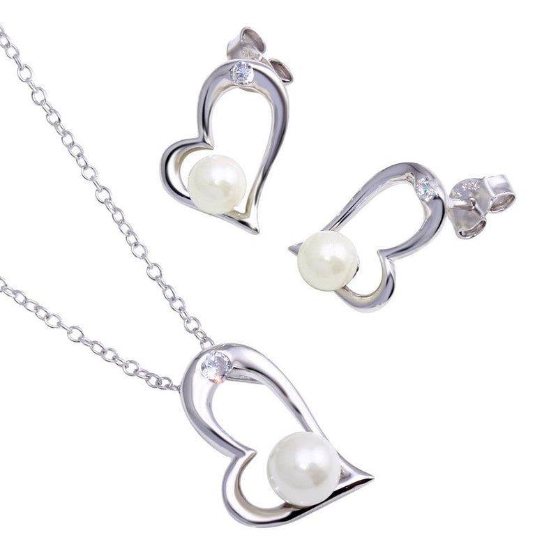 Silver 925 Rhodium Plated Open Heart Pendant Necklace with Synthetic Pearl and CZ - STS00258 | Silver Palace Inc.