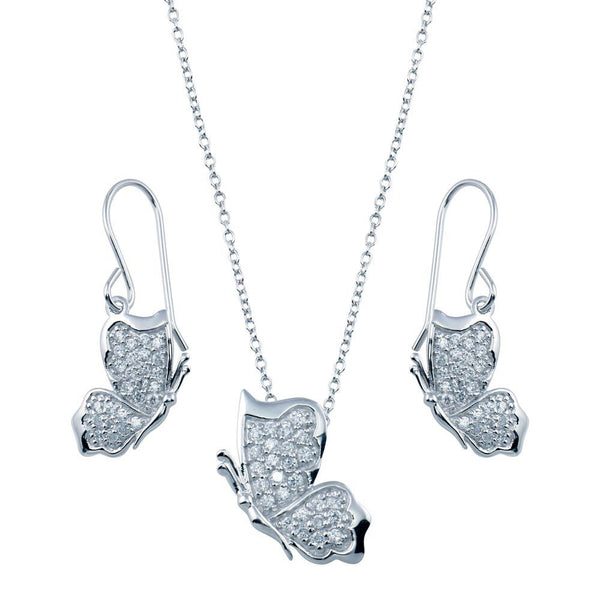 Silver 925 Rhodium Plated Butterfly Necklace and Earrings Set - STS00272CLR | Silver Palace Inc.