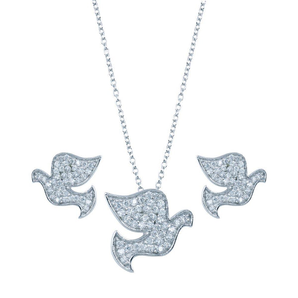 Rhodium Plated 925 Sterling Silver Dove CZ Stud Earring and Necklace Set - STS00285 | Silver Palace Inc.
