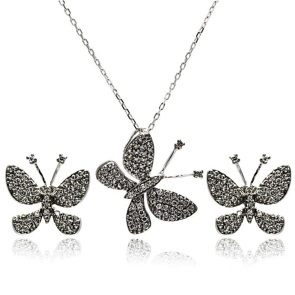 Silver 925 Rhodium Plated Black Butterfly CZ Stud Earring and Necklace Set - STS00324BLACK | Silver Palace Inc.