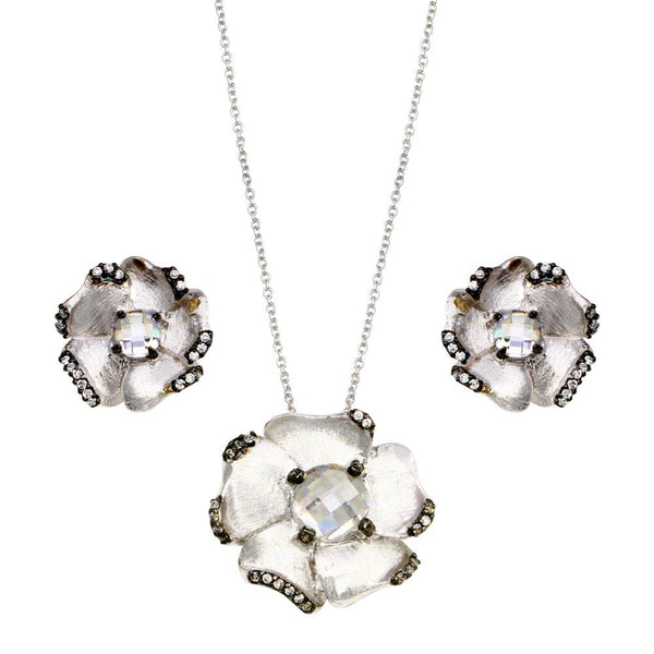 Closeout-Silver 925 Rhodium Plated Matte Finish Flower CZ Set - STS00371 | Silver Palace Inc.