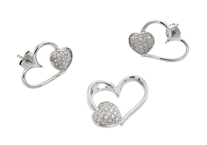 Silver 925 Rhodium Plated Open Heart CZ Stud Earring and Necklace Set - STS00477 | Silver Palace Inc.