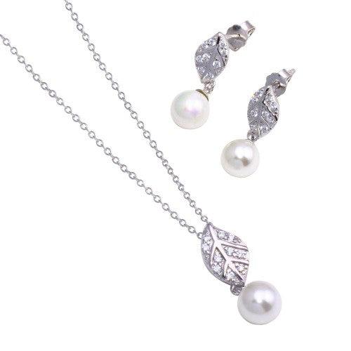 Silver 925 Rhodium Plated Leaf CZ Hanging Dangling Pearl Stud Earring and Necklace Set - STS00478 | Silver Palace Inc.