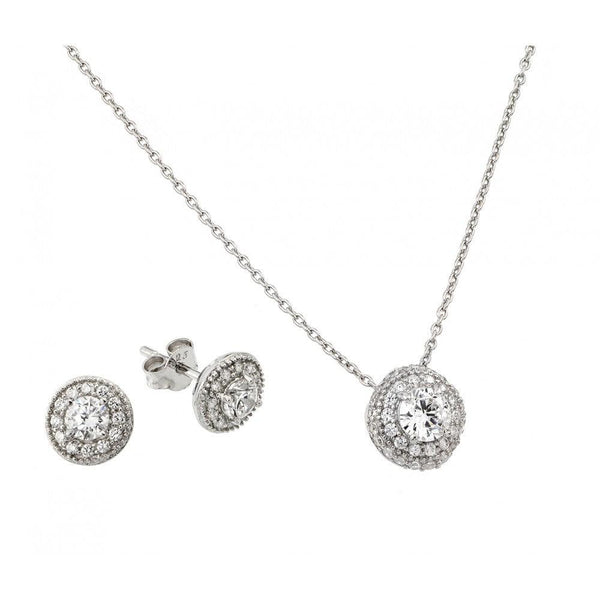Silver 925 Rhodium Plated Round CZ Stud Earring and Necklace Set - STS00484 | Silver Palace Inc.