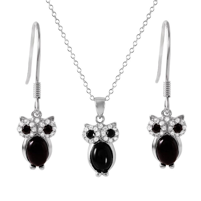 Silver 925 Rhodium Plated Black Stone Owl Set - STS00493 | Silver Palace Inc.
