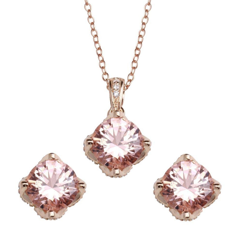 Silver 925 Rose Gold Plated Pink CZ Stud Earrings and Pendant Necklace Set - STS00519RGP | Silver Palace Inc.