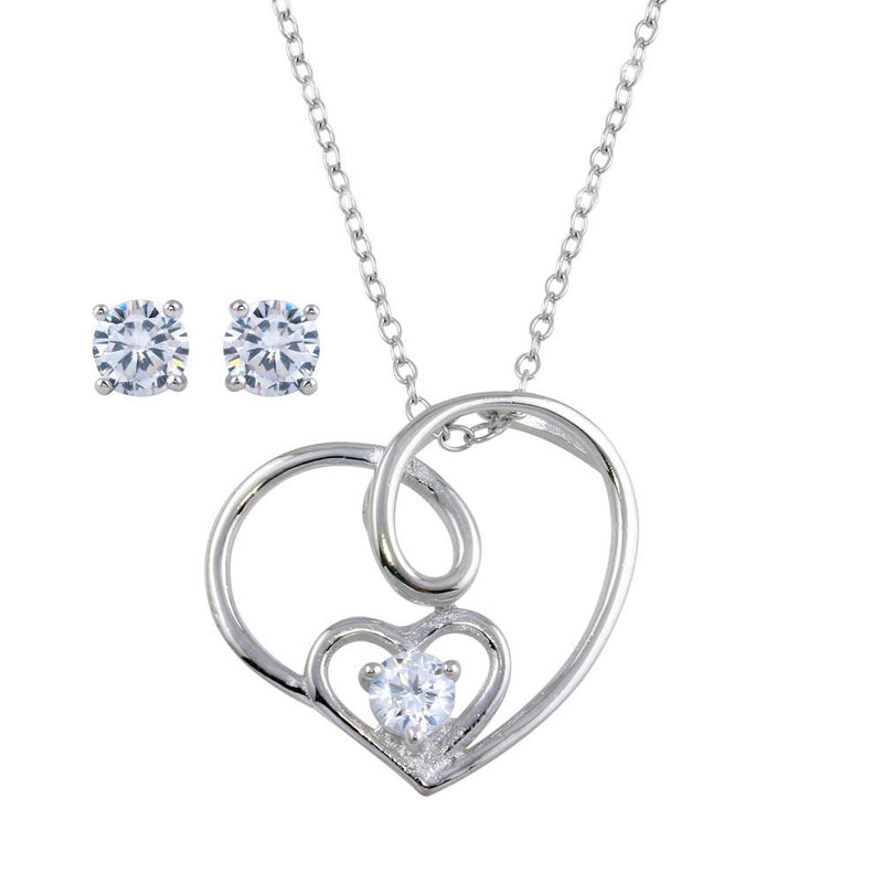 Silver 925 Rhodium Plated Side Way CZ Open Double Heart Set - STS00526 | Silver Palace Inc.
