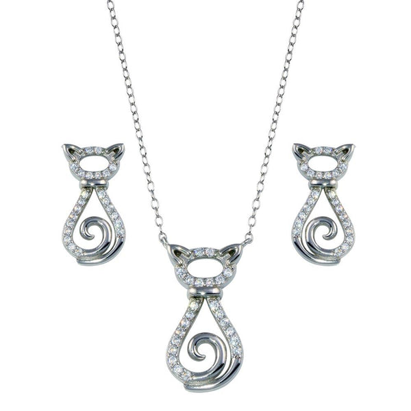 Rhodium Plated 925 Sterling Silver Cat CZ Set - STS00534 | Silver Palace Inc.