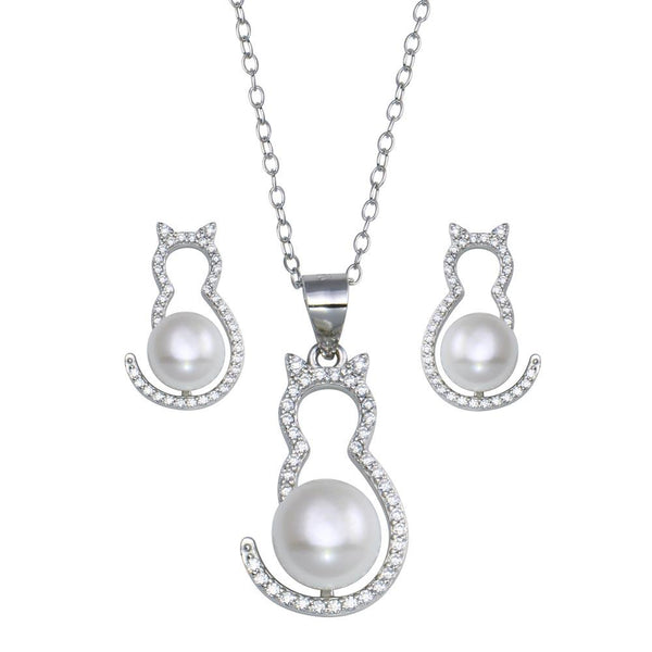 Silver 925 Rhodium Plated Cat CZ Mother of Pearl Set - STS00536 | Silver Palace Inc.