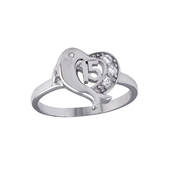Silver 925 Rhodium Plated Crown 15 Heart Dolphin Ring with CZ - TMR00007 | Silver Palace Inc.