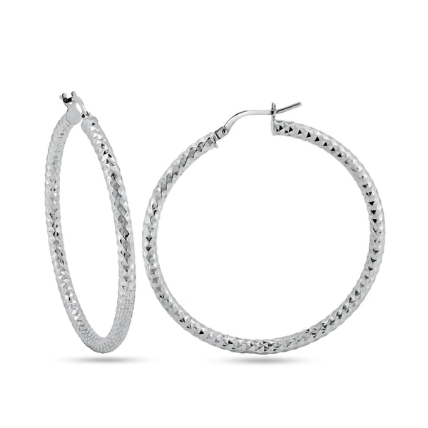 Silver 925 Rhodium Plated Silver 3mm Diamond Cut Textured Hoop Earrings - ARE00037RH | Silver Palace Inc.