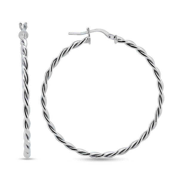 Silver 925 Rhodium Plated Silver Twisted Hoop Earrings - ARE00040RH