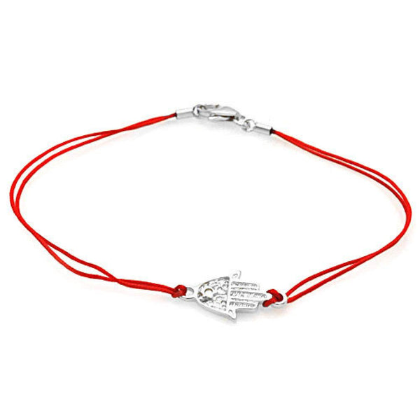 Silver 925 Rhodium Plated Red Cord Hamsa Charm Bracelet - BGB00067 | Silver Palace Inc.
