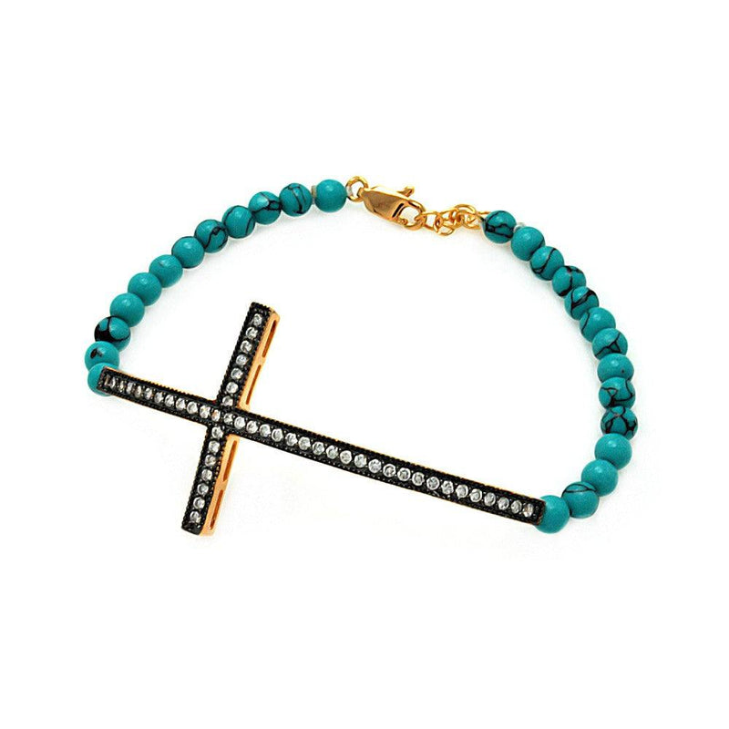 Silver 925 Gold and Black Rhodium Plated Sideways Cross CZ Turquoise Beads Bracelet - BGB00104 | Silver Palace Inc.